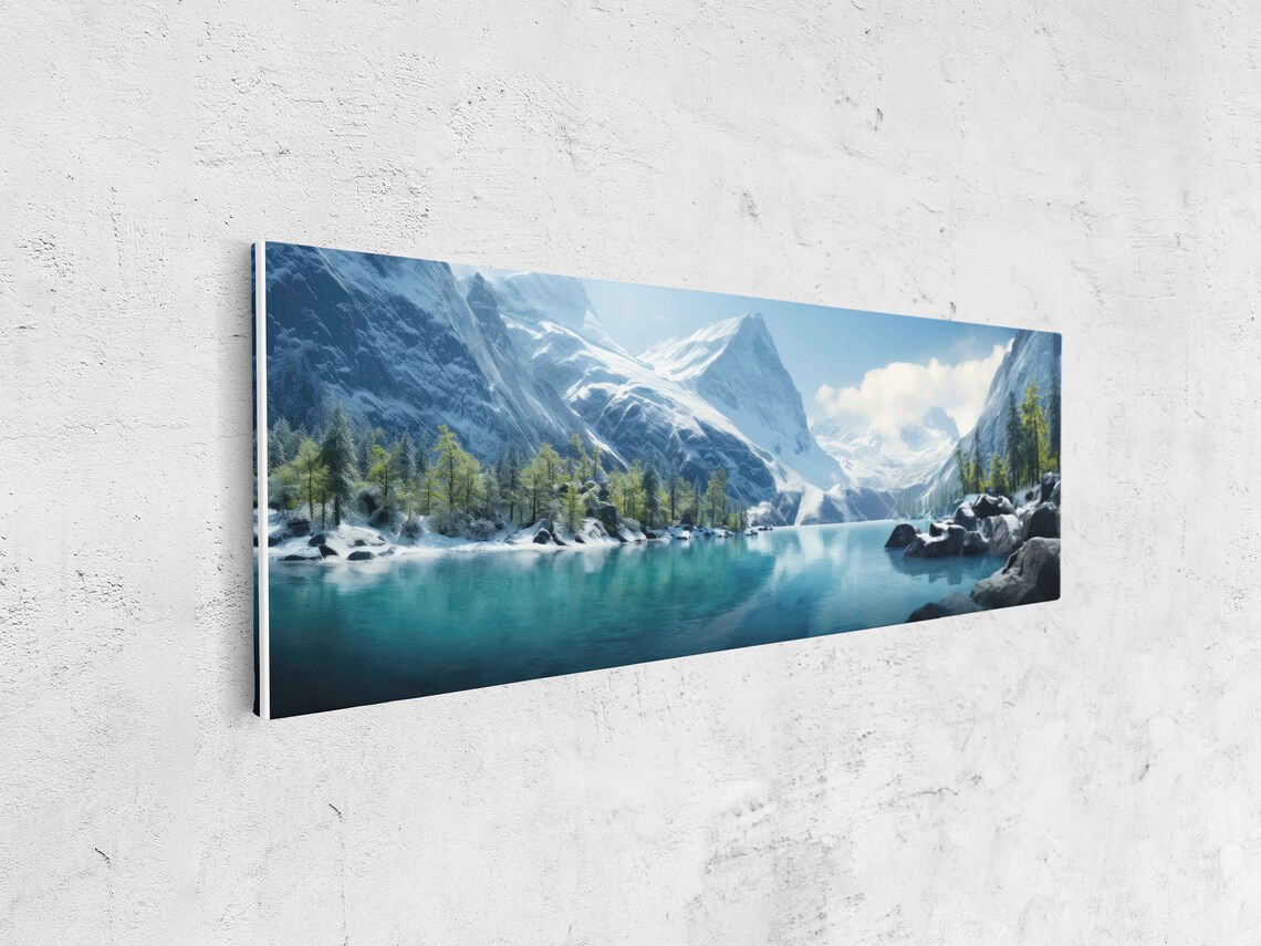 Serene Lakeside Vista Panoramic Wall Art Lake And Snowy Mountains Framed Print Ready To Hang - Image 4