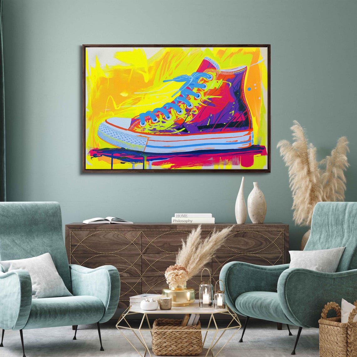 Pop Art Neon High Top Sneaker Bold Yellow Background Wall Poster