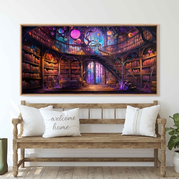 Colorful Celestial Library Fantasy Art Acrylic Painting Framed Print Ready To Hang Reading Nook Art Gift For Readers Bookworm