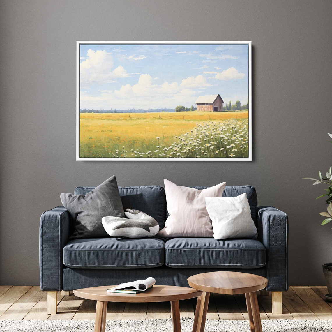 Golden Wheat Field White Wildflowers Red Barn Farm Landscape Poster - Image 3