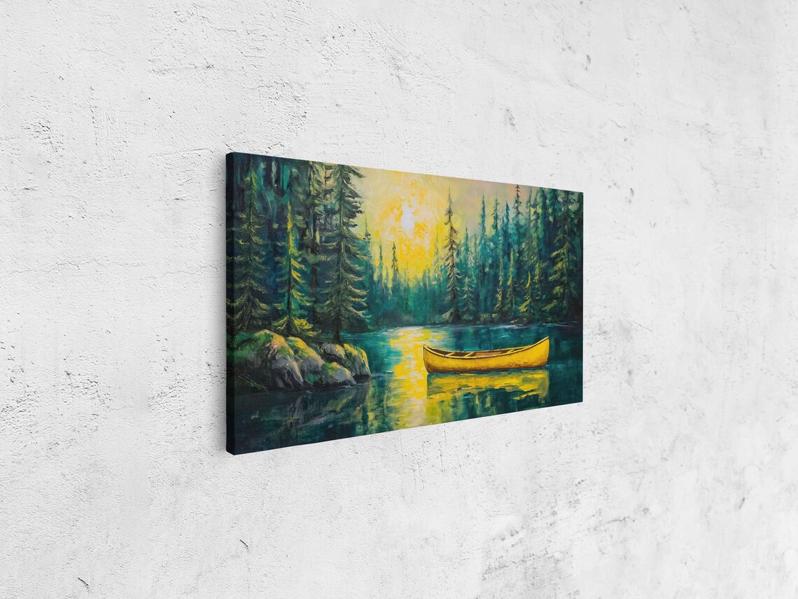 Bright Yellow Canoe Serene Lake Evergreen Forest Sunlight Scene Poster - Image 4