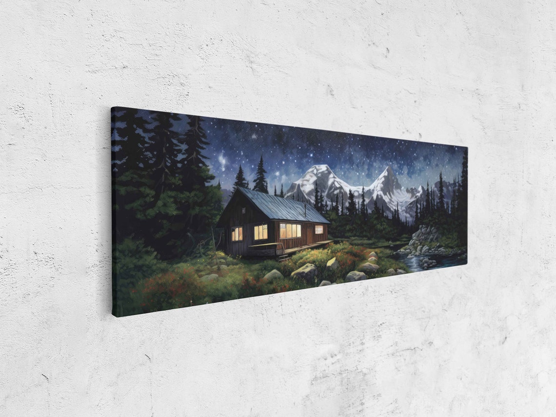 Forest Cabin by Stream Starry Night Snowy Mountain Peaks Poster - Image 4