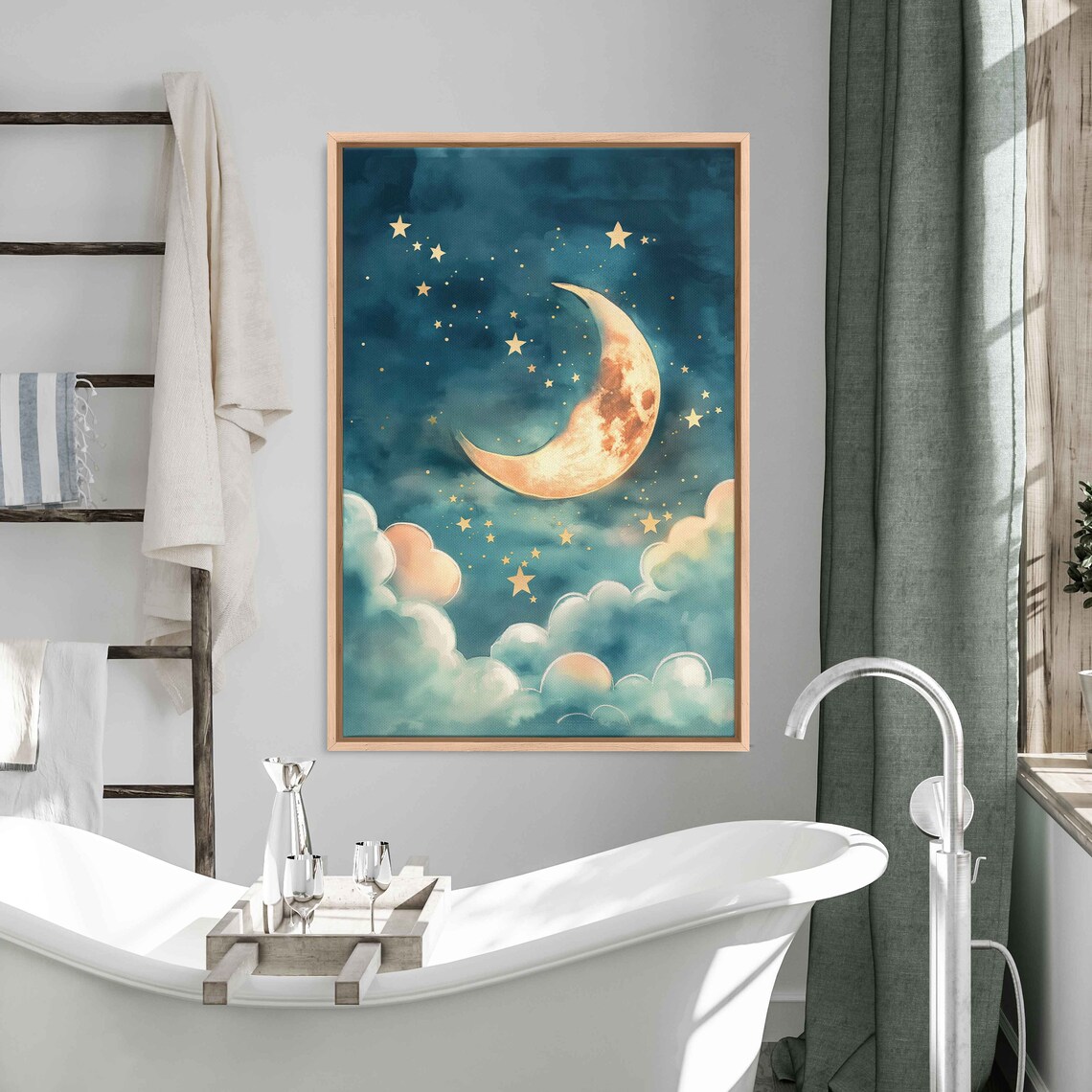 Golden Crescent Moon Starry Night Clouds Dreamy Watercolor Nursery Poster - Image 3