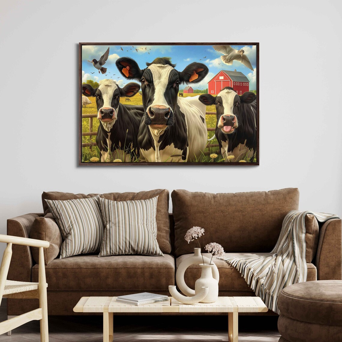 Three Curious Cows At Fence Red Barn Playful Farm Animal Poster