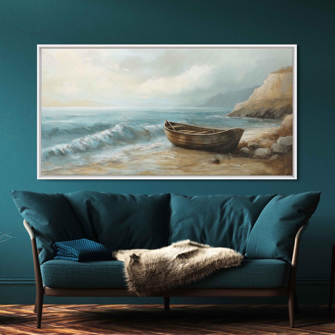 Wooden Boat On Misty Seashore Rocky Coastline Calm Ocean Art Poster