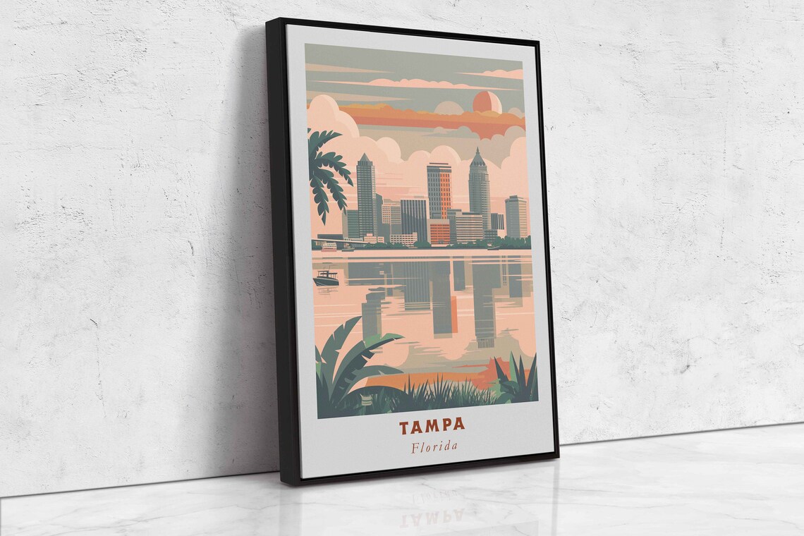 Tampa Florida Skyline Waterfront Sunset Reflection Travel Poster - Image 2