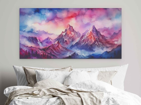 Beautiful Redblue Abstract Watercolor Of Mountains Above The Clouds Print On Ready To Hang Colorful Living Room Decor