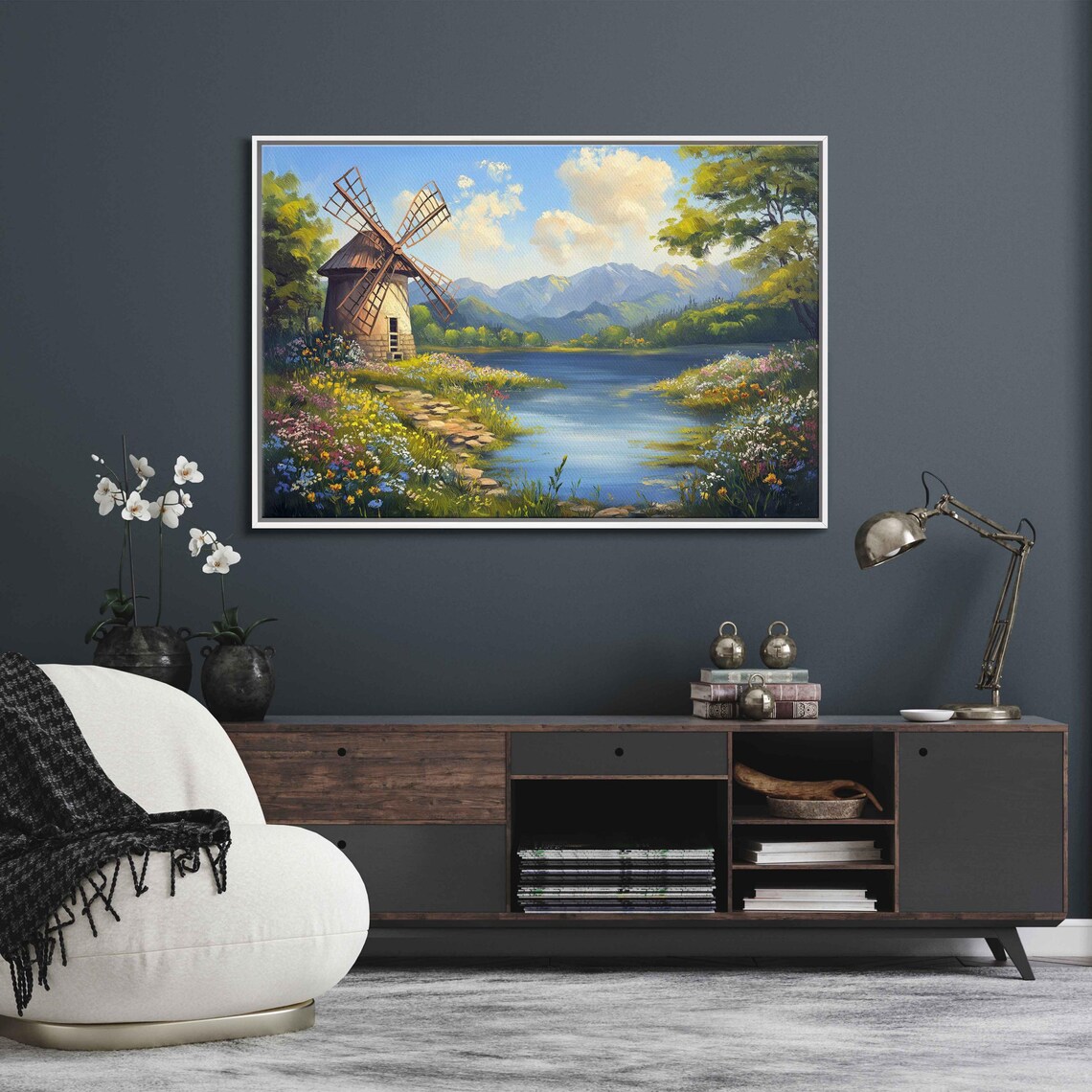 Old Fashioned Windmill By Lake, Wildflowers Landscape - Image 3