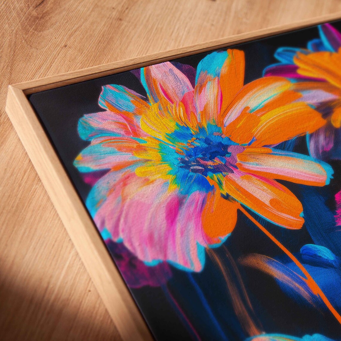 Neon Daisies Black Canvas Blue Pink Orange Blooms Painting Poster - Image 2