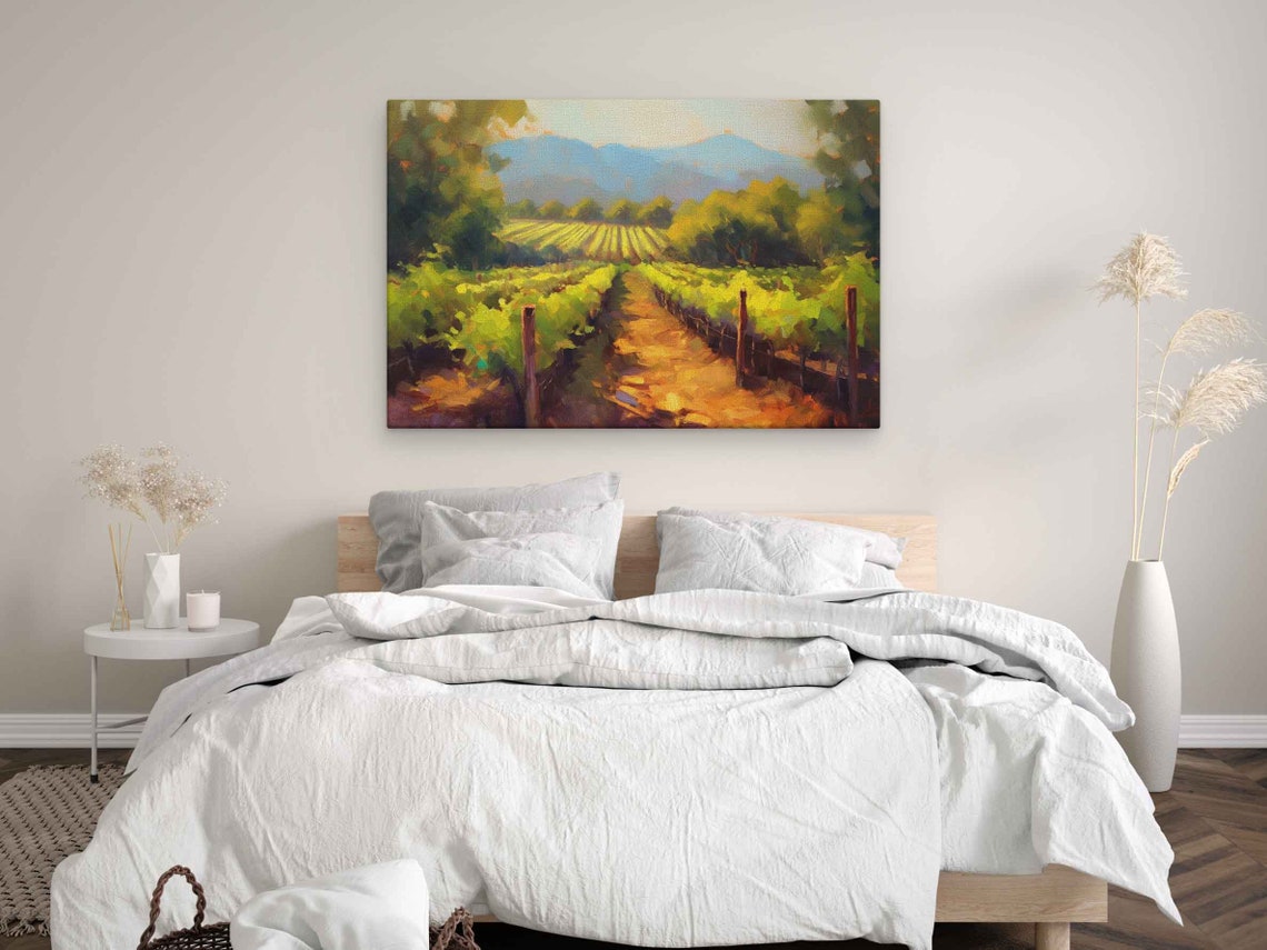 Golden Vineyard Rows Rolling Hills Sunset Landscape Painting Poster - Image 3