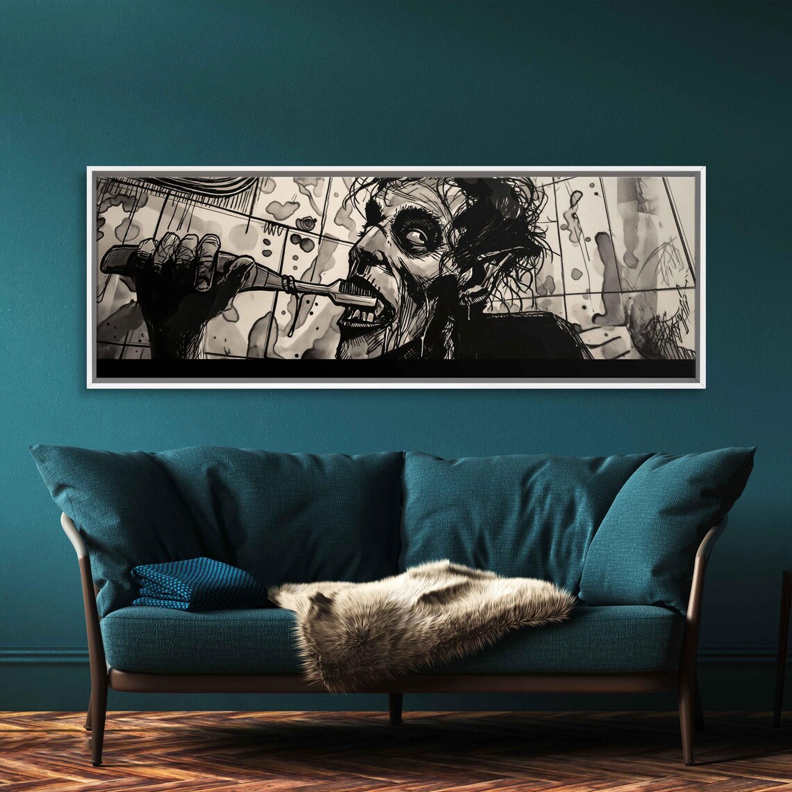 Funny Zombie Brushing Teeth Comic Ink Close-Up Halloween Bathroom Poster - Image 3