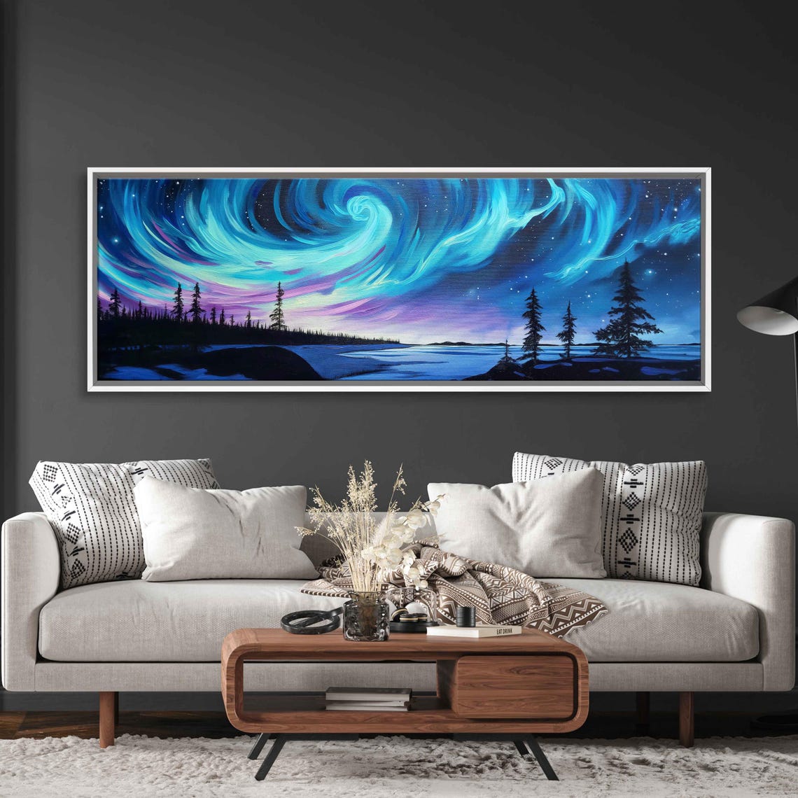 Teal Aurora Swirls Over Night River And Pine Trees Panoramic Poster - Image 3