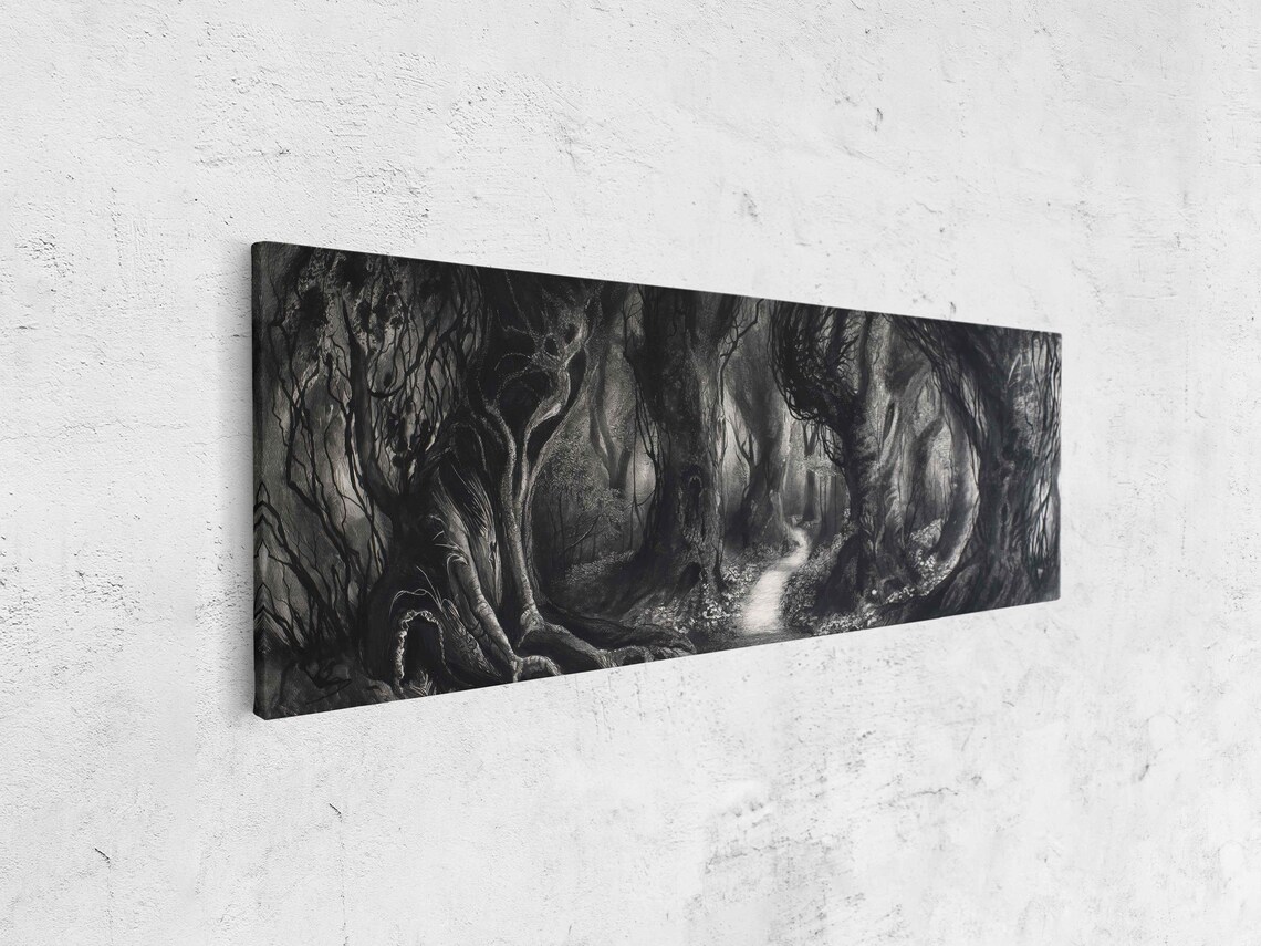 Dark Forest Tunnel Winding Path Gnarled Trees Monochrome Halloween Poster - Image 4