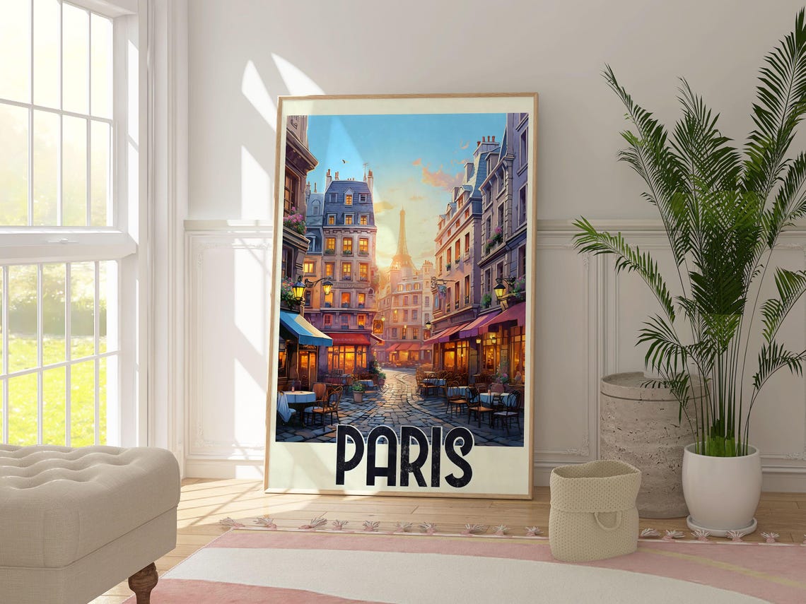 Paris France Cafe Street Eiffel Tower Evening Glow Travel Poster - Image 2