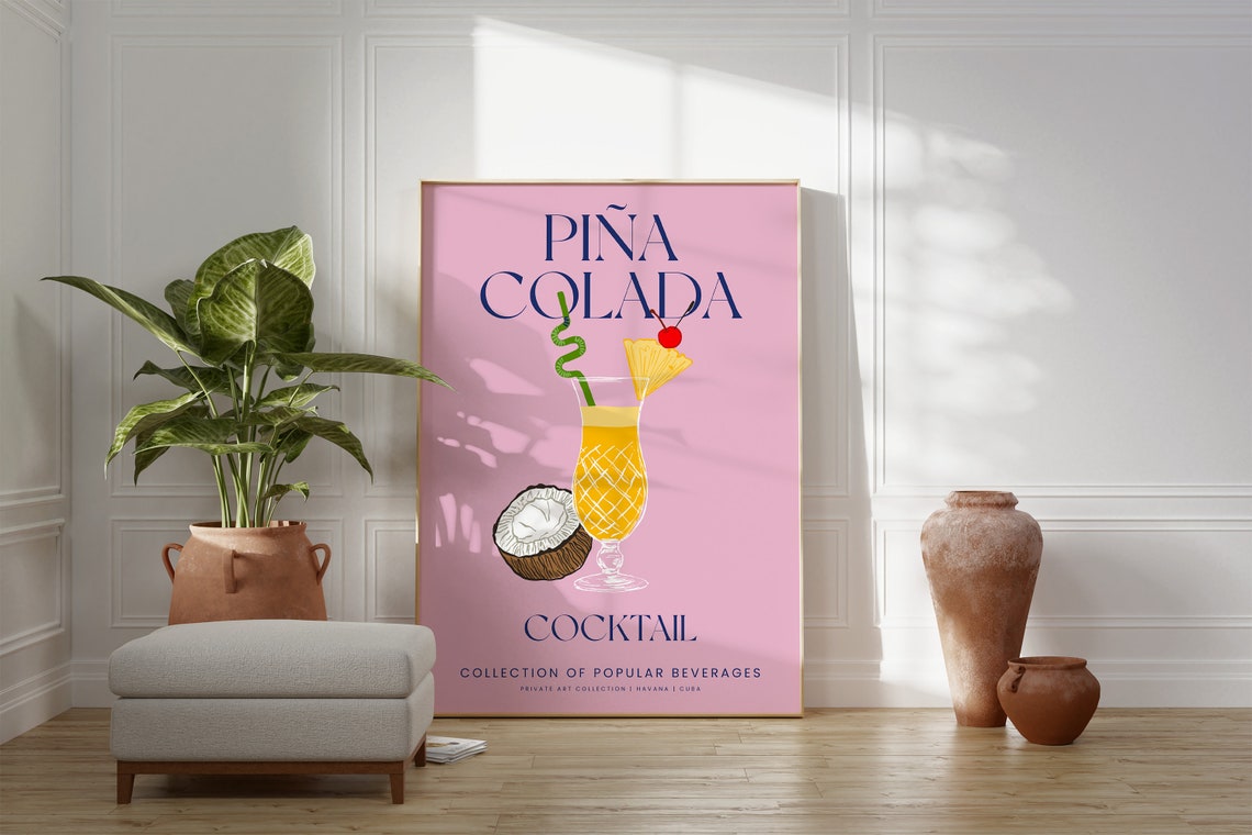 Pina Colada Pink Cocktail Illustration Tropical Bar Wall Art Poster - Image 3
