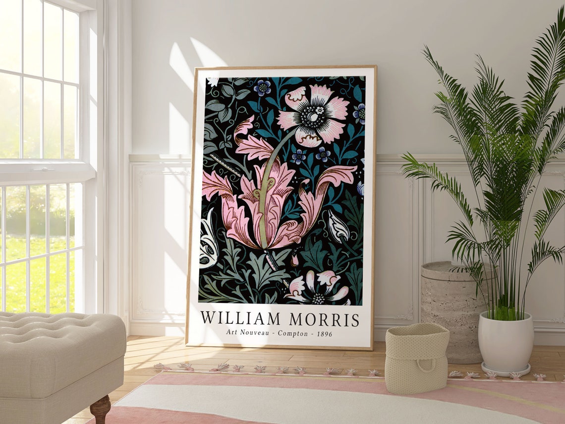 William Morris Compton 1896 Pink Floral on Black Art Nouveau Poster - Image 3