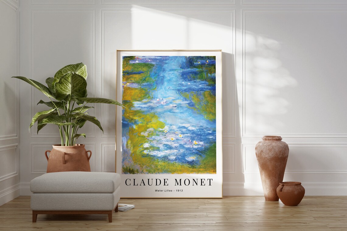 Claude Monet Water Lilies 1913 Vivid Blue Golden Reflections White Poster - Image 2