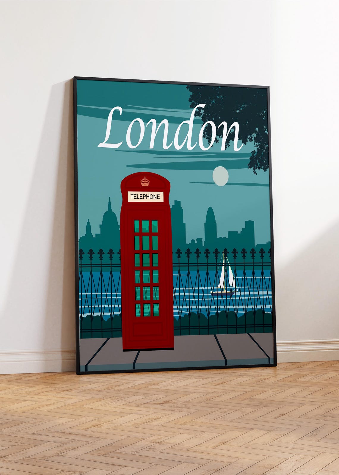 London Red Telephone Box Thames Skyline Vintage Style Travel Poster - Image 2