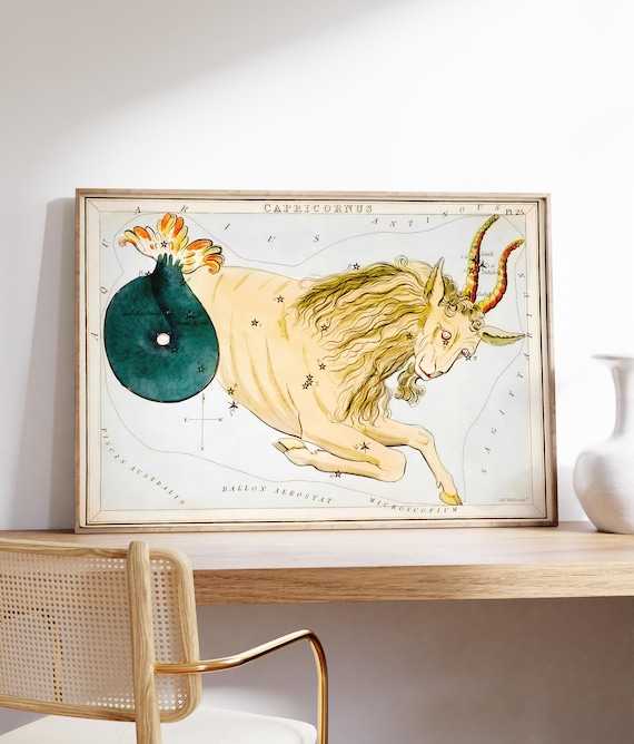 Capricorn Zodiac Constellation Goat Vintage Celestial Star Chart Poster