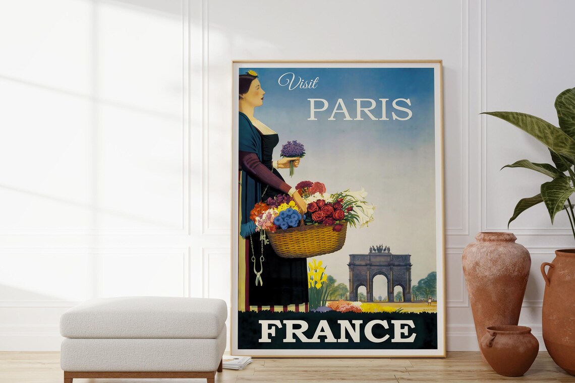 Visit Paris France Flower Seller Vintage Arch Monument Travel Poster - Image 4