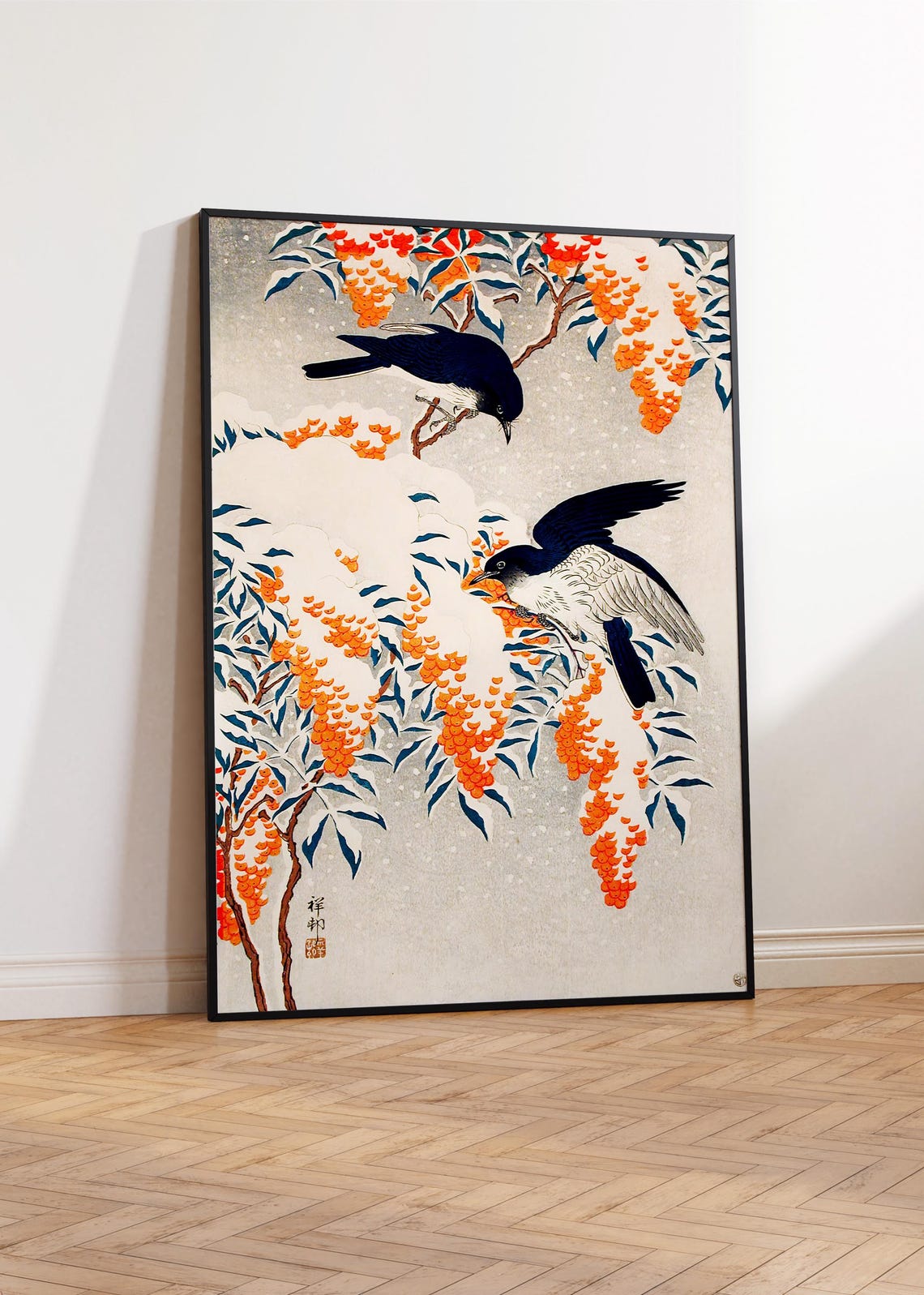 Ohara Koson Style Two Birds Snowy Nandina Berry Branch Winter Art - Image 3