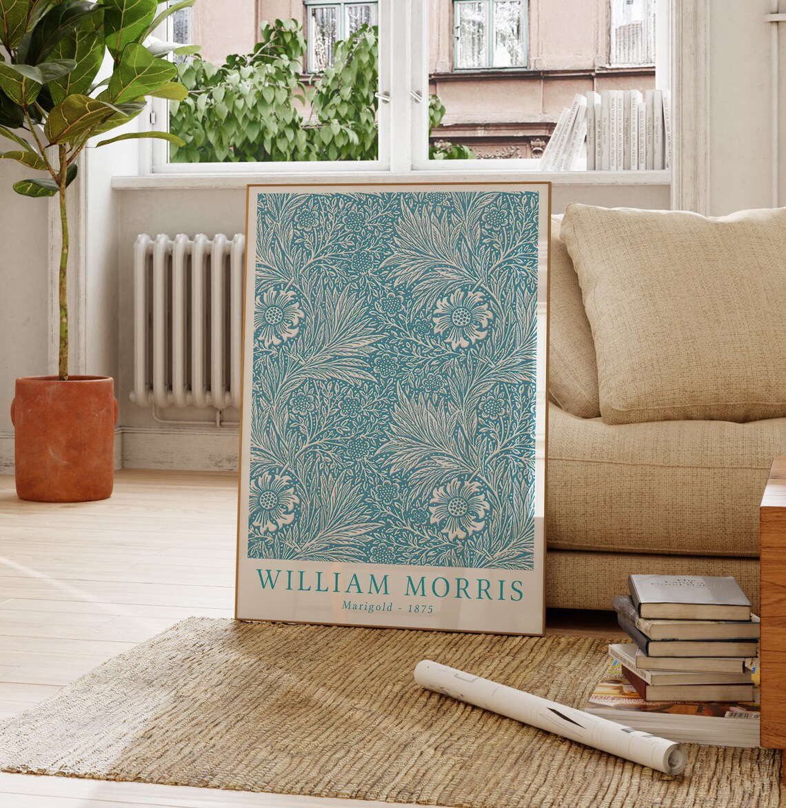 William Morris Marigold Blue Botanical Art Print - Image 3