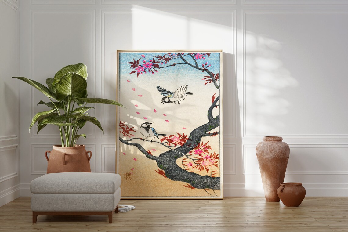 Two Songbirds Blossom Branch Japanese Woodblock Spring Bird Art Poster - Image 3