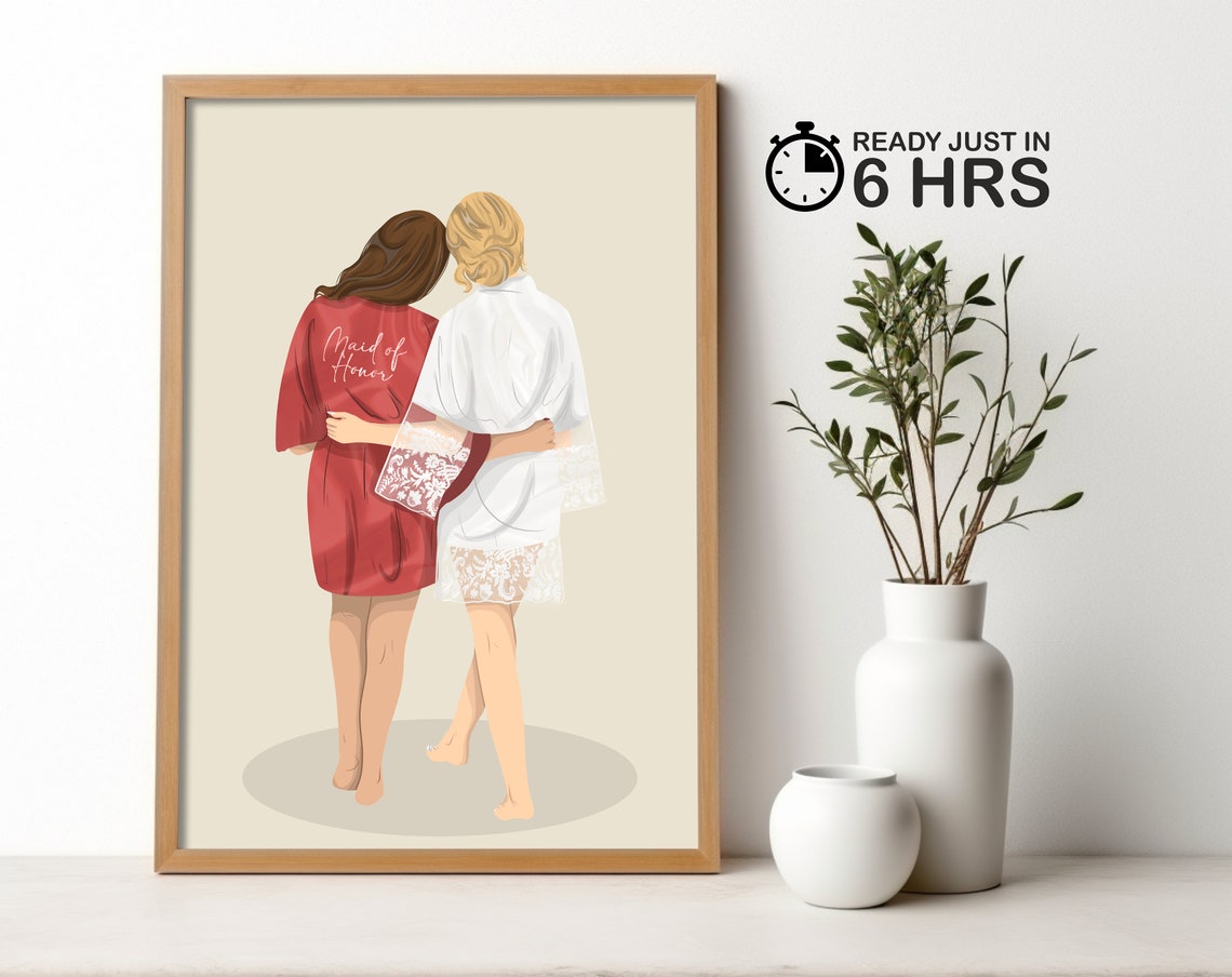 Custom Maid of Honor and Bride Robe Back View Illustration Poster