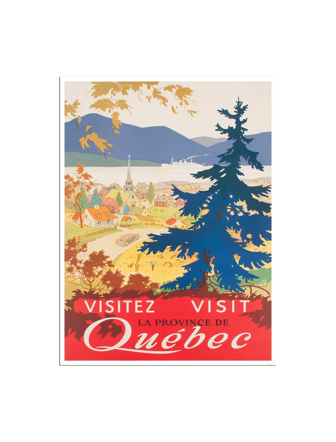 Visit Quebec Province Canada Village Harbor Vintage Travel Poster
