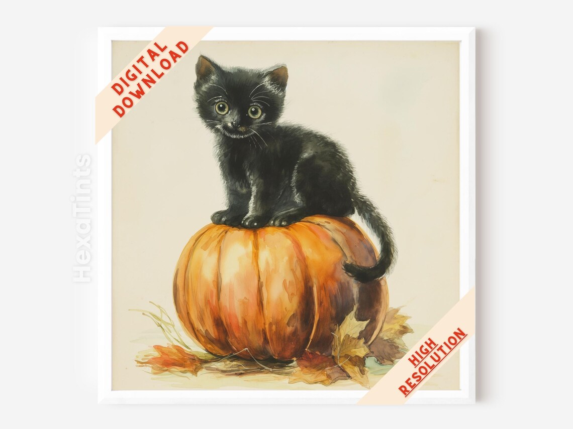 Black Kitten On Pumpkin Watercolor Cute Halloween Fall Cat Illustration Art Print - Image 4