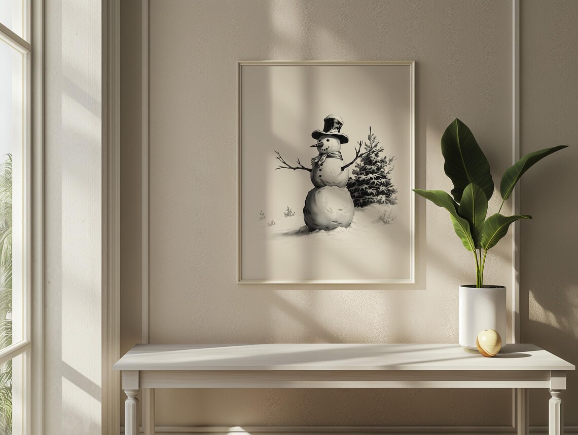 Vintage Snowman Black And White Winter Drawing Christmas Art Print - Image 2