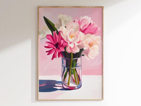 Pink Flowers In A Vase Art Print Bold Acrylic Floral Painting Maximalist Wall Art For Modern Home Decor