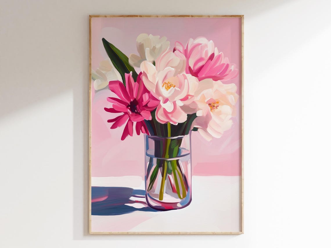 Pink Peonies Vase Bold Acrylic Floral Painting Maximalist Wall Poster