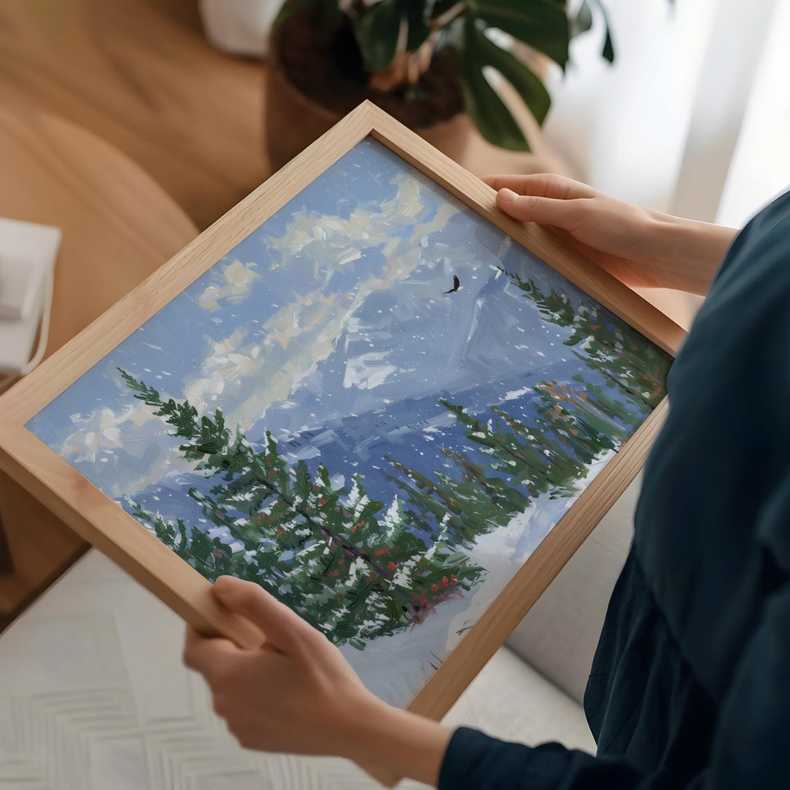 Snowy Mountain Eagle Soaring Winter Landscape Painting Wall Art Print - Image 4
