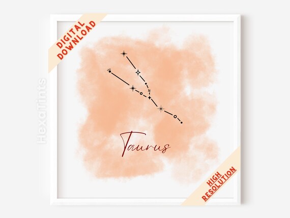 Taurus Constellation Zodiac Star Map Peach Watercolor Astrology Art Print