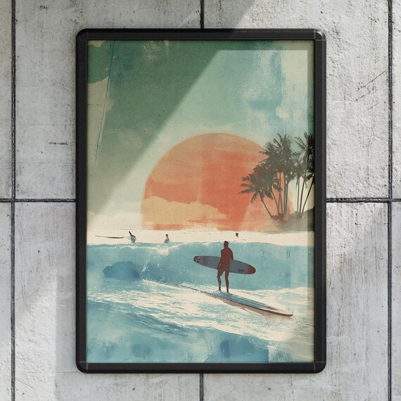 Retro Surfer Silhouette at Sunset Palm Beach Mid Century Ocean Print