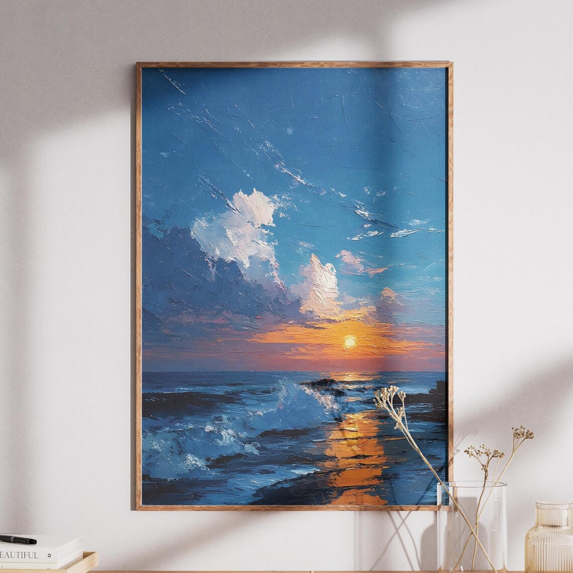 Ocean Sunset Waves Golden Horizon Oil Painting Seascape Poster