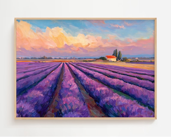 Lavender Rows Pink Sunset Clouds Farmhouse Countryside Art Poster