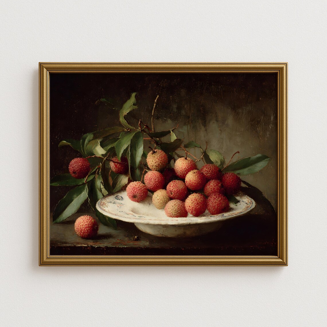 Lychees on Porcelain Plate Dark Vintage Fruit Still Life Print