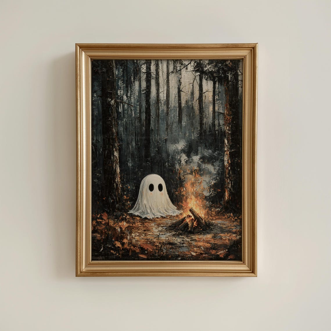 Cute By Campfire Wall Art Forest Halloween Oil Painting Spooky Autumn Cozy Decor
