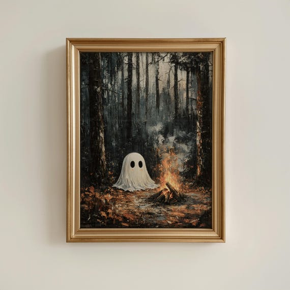 Cute By Campfire Wall Art Forest Halloween Oil Painting Spooky Autumn Cozy Decor