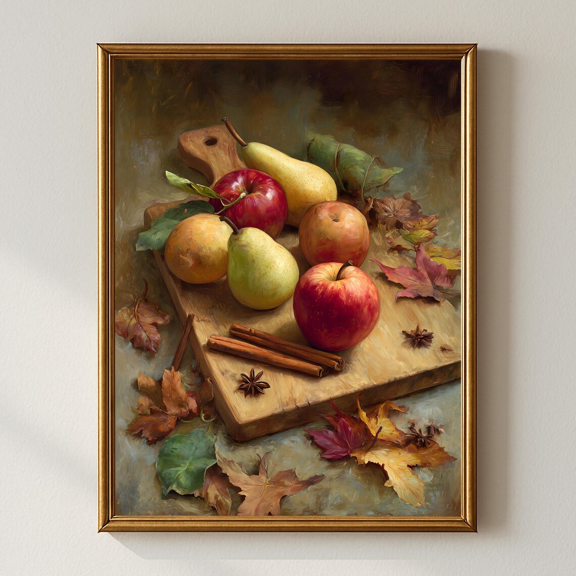 Rustic Autumn Kitchen Wall Art Apples And Pears Still Life With Cinnamon Leaves Cozy Farmhouse Fall Decor