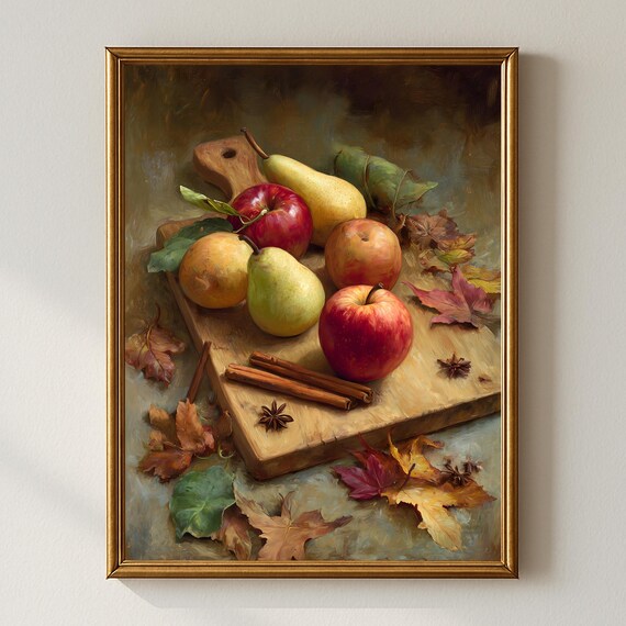 Rustic Autumn Kitchen Wall Art Apples And Pears Still Life With Cinnamon Leaves Cozy Farmhouse Fall Decor