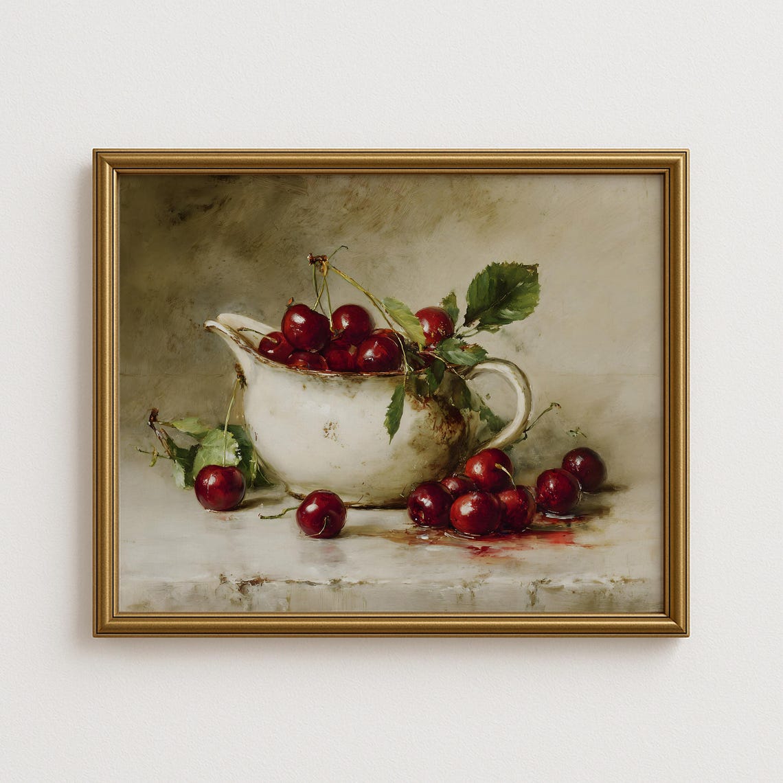 Ripe Cherries in White Pitcher Classic Vintage Still Life Print