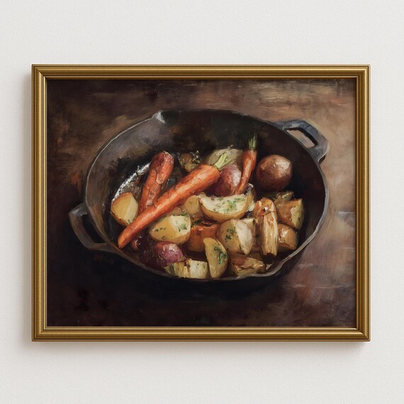 Roasted Carrots and Potatoes Painting, Rustic Kitchen Art Print