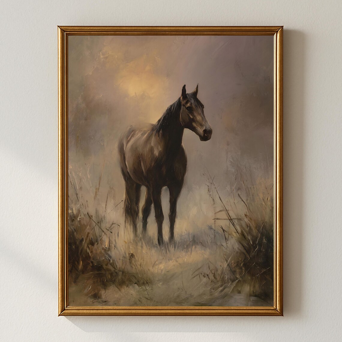 Rustic Horse Poster Print, Foggy Field Farmhouse Decor