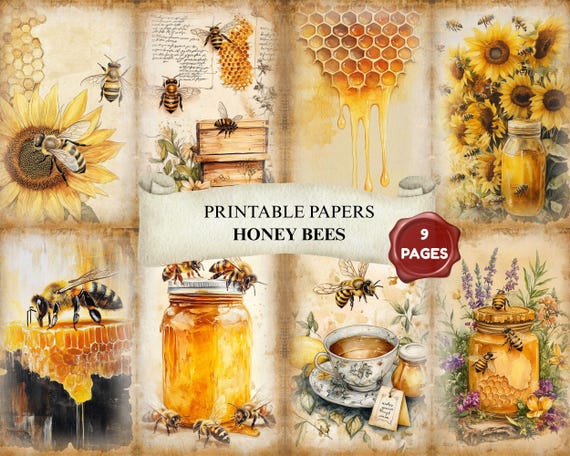 Honey Bee Junk Journal Kit Vintage Ephemera Papers Scrapbook Collage Sheets For Tags Cards Journaling