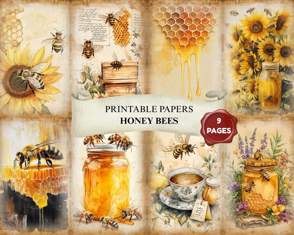 Honey Bee Junk Journal Kit Vintage Ephemera Print Collage Sheets