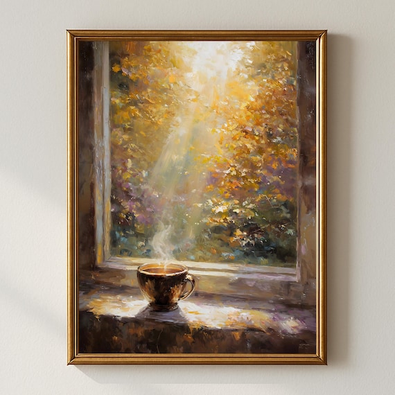 Cozy Autumn Coffee Wall Art Rustic Fall Morning Window Print Warm Steam Cup Painting Kitchen Caf Dining Room Seasonal Home Decor