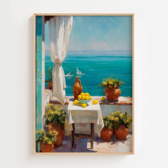 Mediterranean Terrace Lemons Sea View Coastal Summer Wall Art